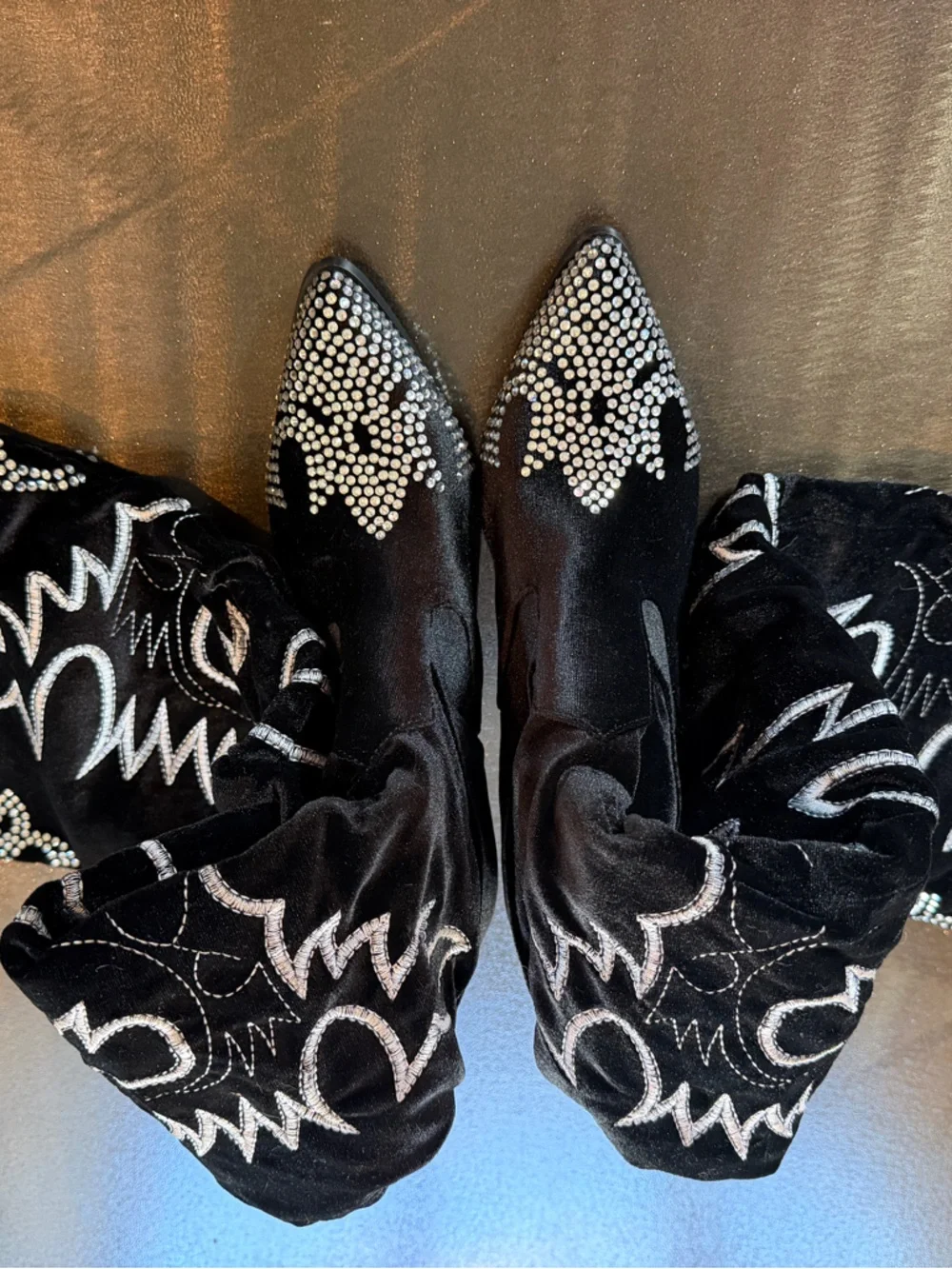 Black Velvet Rhinestone Embroidered Over-the-Knee Western Cowboy Boots Sz 8.5